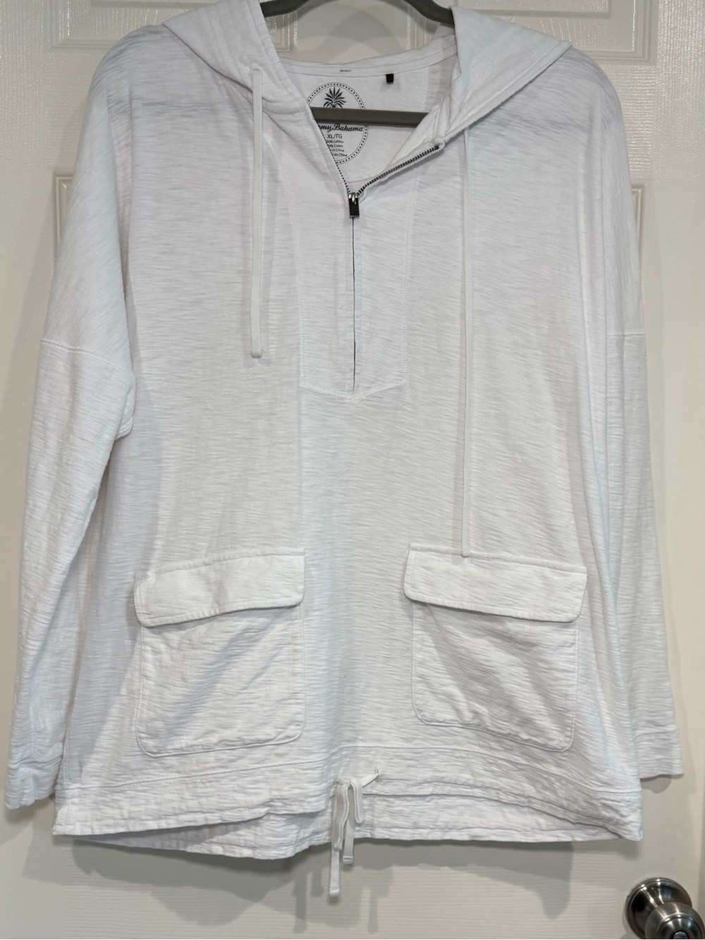 Tommy Bahama White 1/4 Zip Long Sleeve Cotton Hoodie Pullover Women XL Coastal